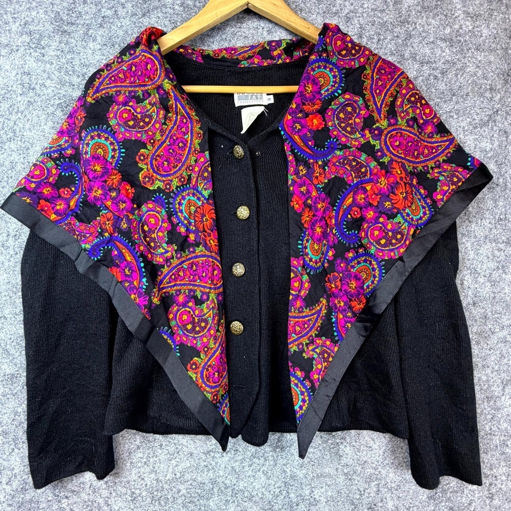 Vintage Leslie Fay Collections Cardigan Sweater Women 8 Black Paisley Scarf Art